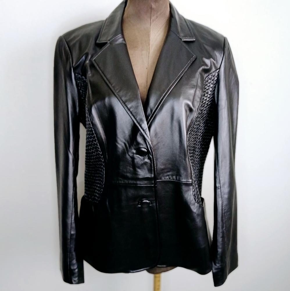 Sharif Studio Blazer Jacket Womens Size Medium Black Leather Weave Detail Biker
